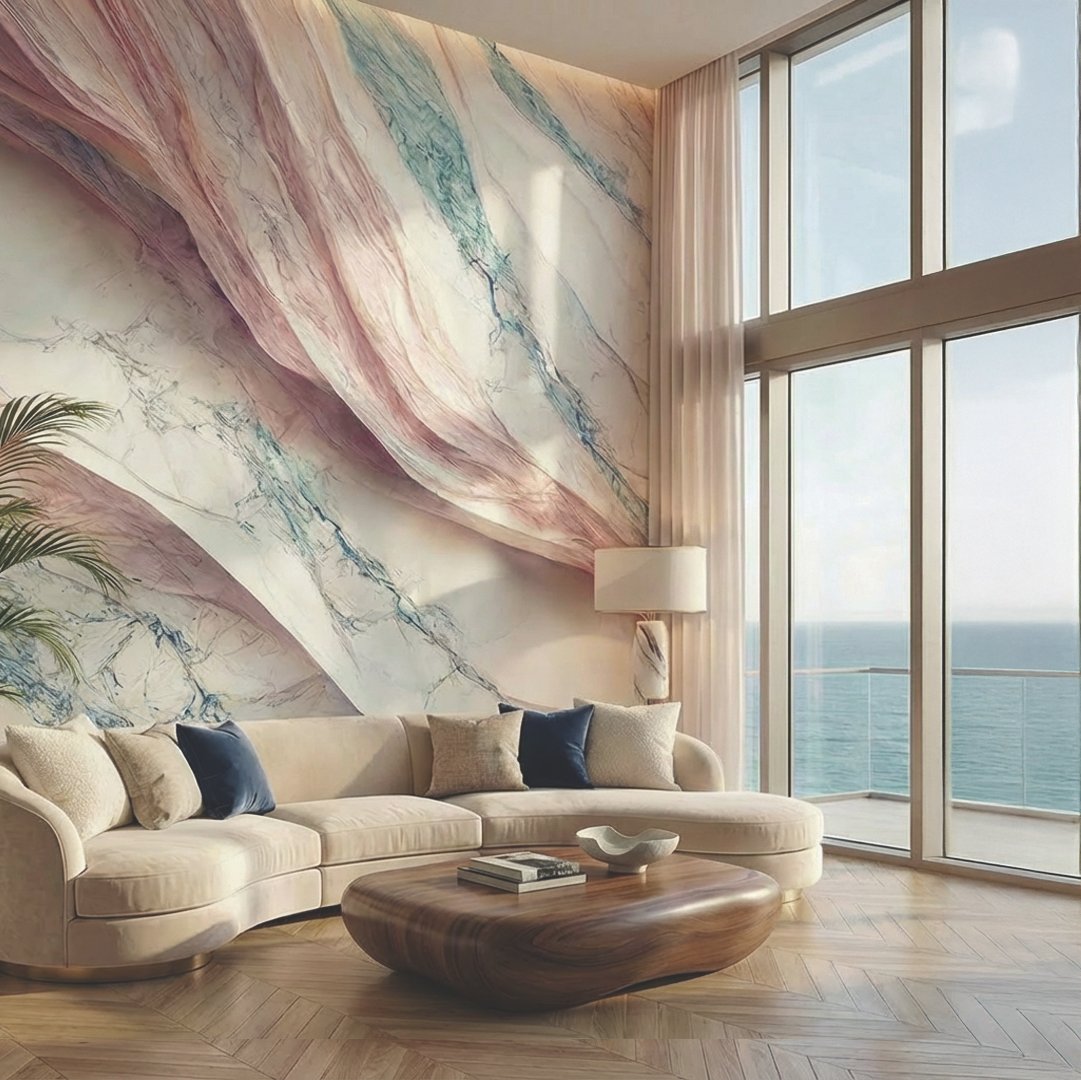 Living room con mural oceánico